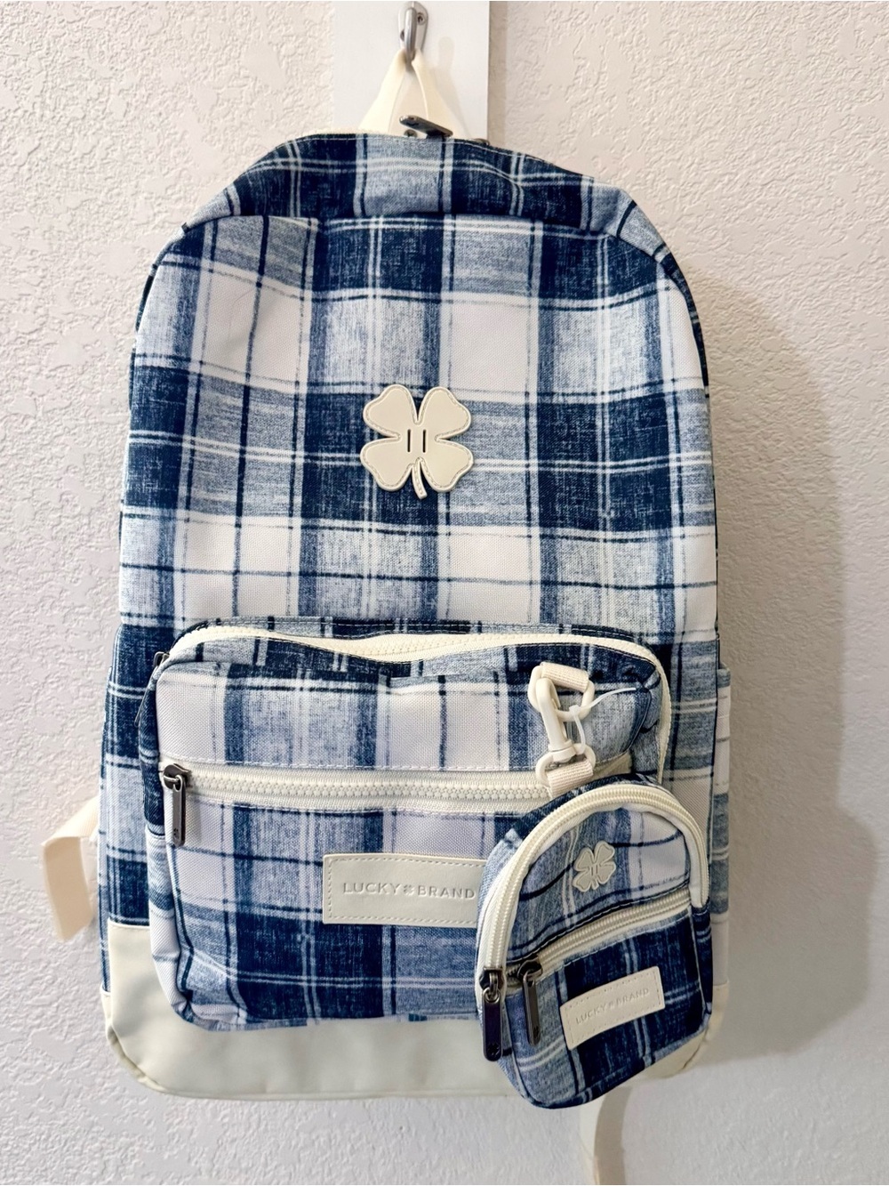 Lucky Brand Iconic Navy & White Plaid Backpack,lap top sleeve & mini pouch prep